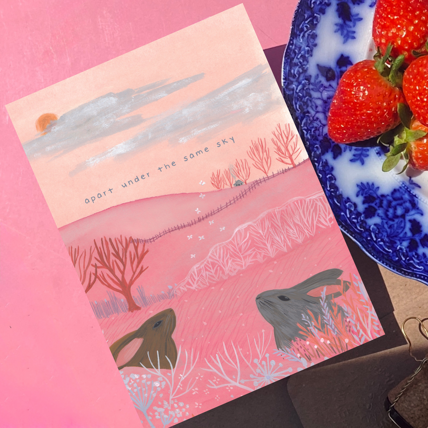 Apart Under the Same Sky - Long Distance Bunny Pink Greeting Card