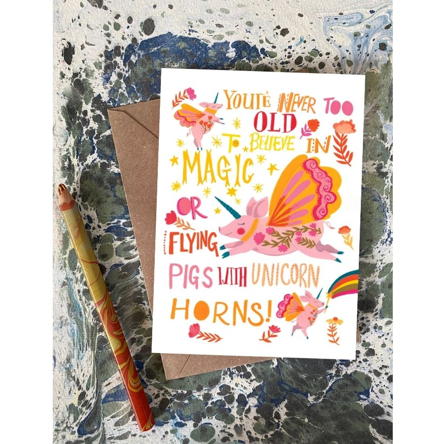 Magical flying Pigs Whimsical Greeting Card
