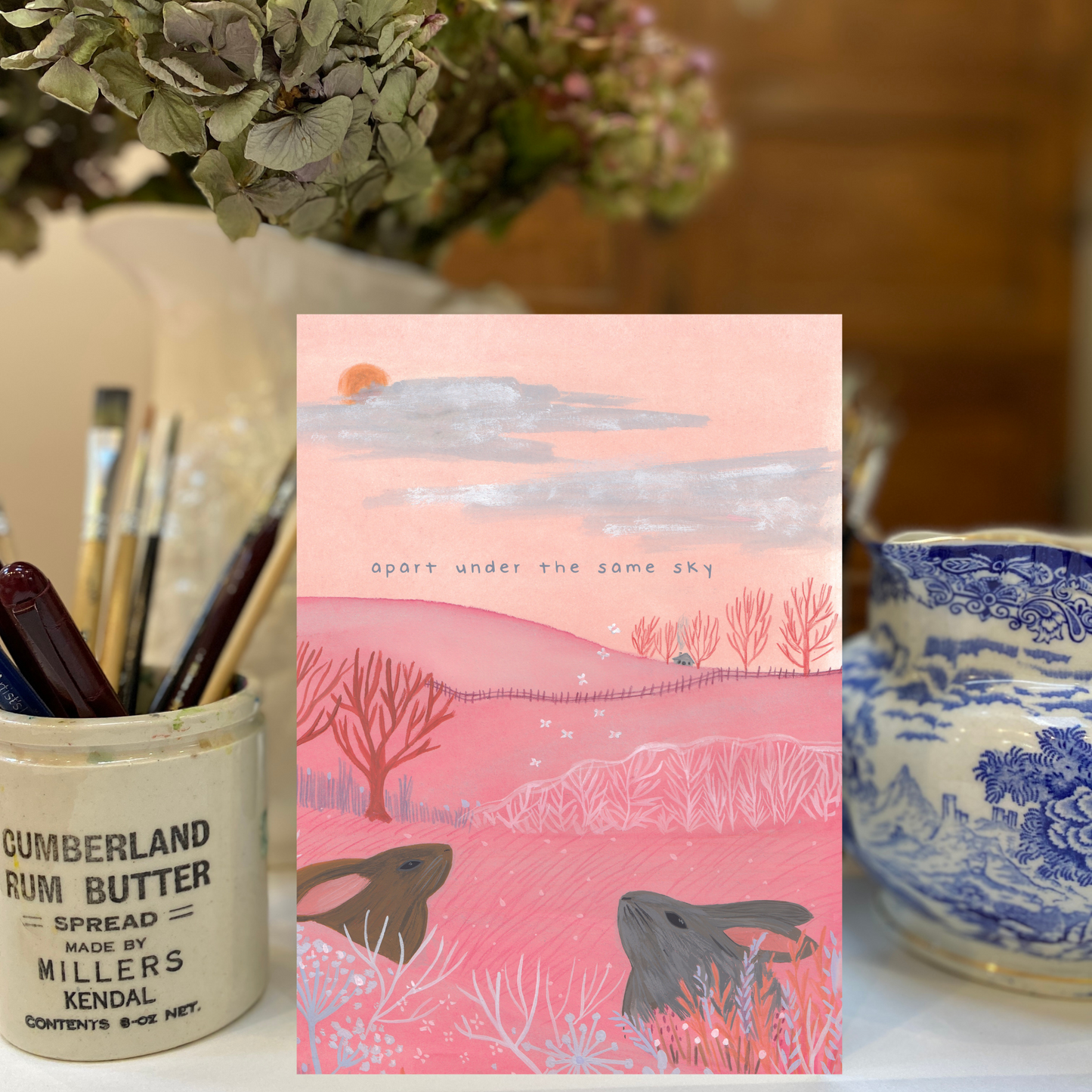 Apart Under the Same Sky - Long Distance Bunny Pink Greeting Card