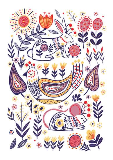 Swedish Folk Art Woodland Animal Print - A4 & A3