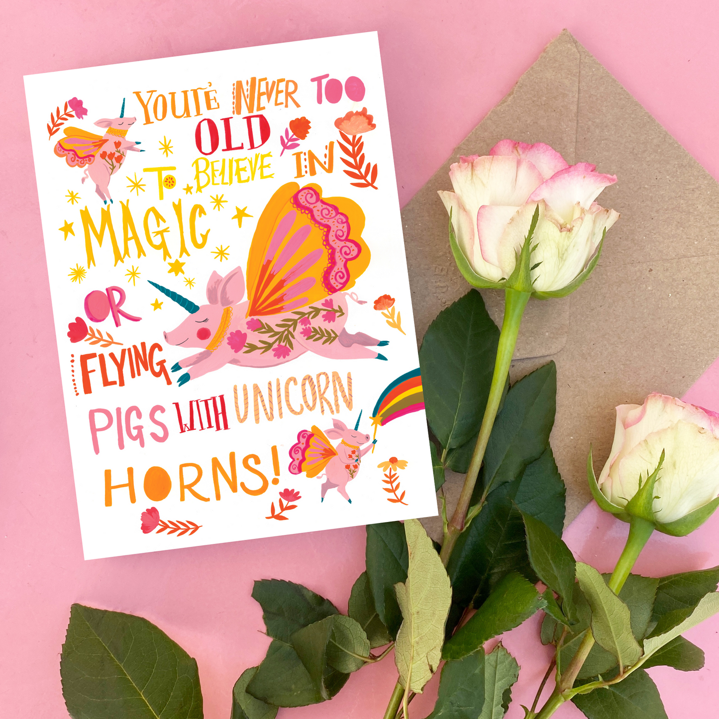 Magical flying Pigs Whimsical Greeting Card