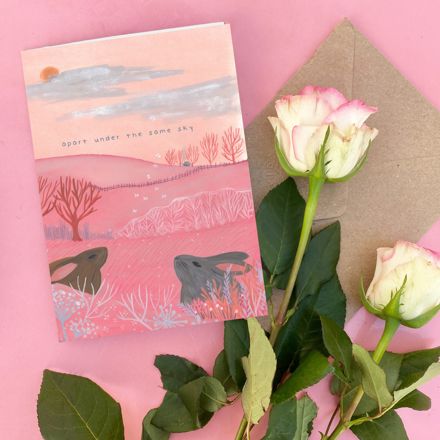 Apart Under the Same Sky - Long Distance Bunny Pink Greeting Card