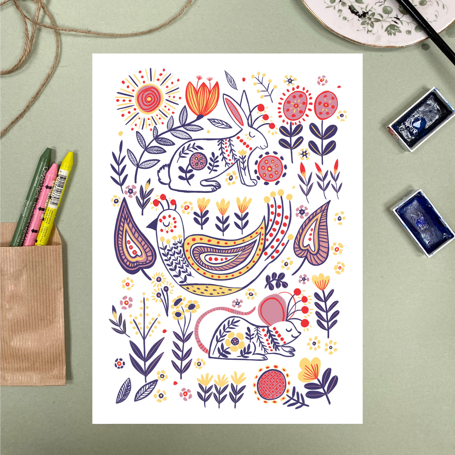 Swedish Folk Art Woodland Animal Print - A4 & A3