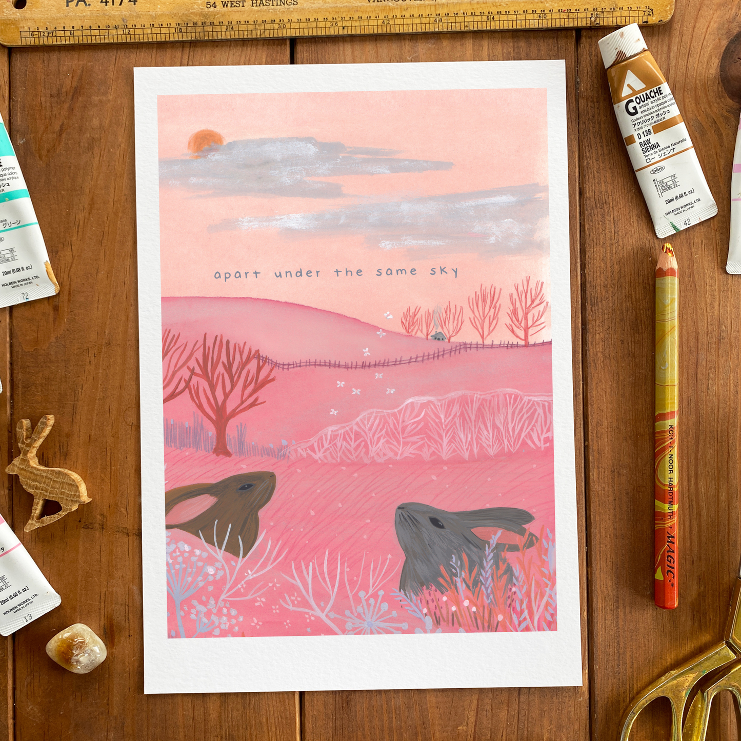 Apart Under the Same Sky - Long Distance Bunny Pink Greeting Card