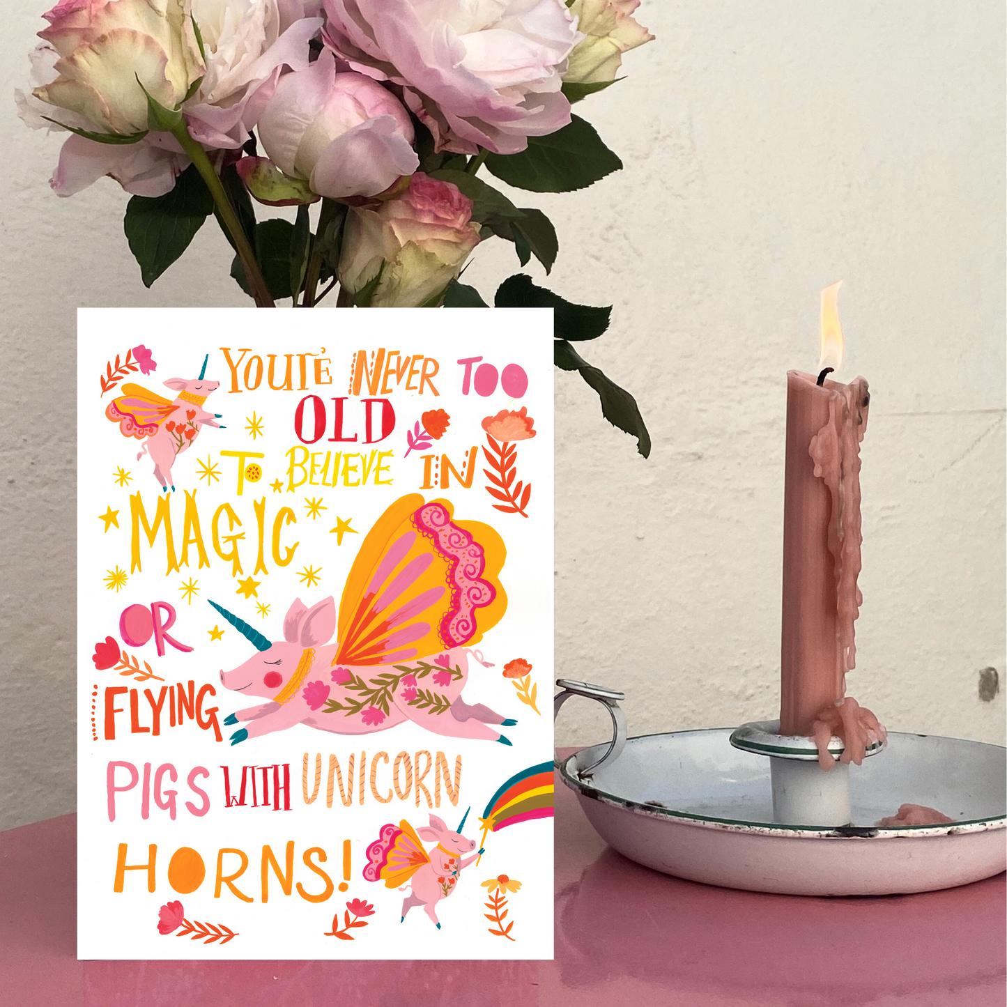 Magical flying Pigs Whimsical Greeting Card