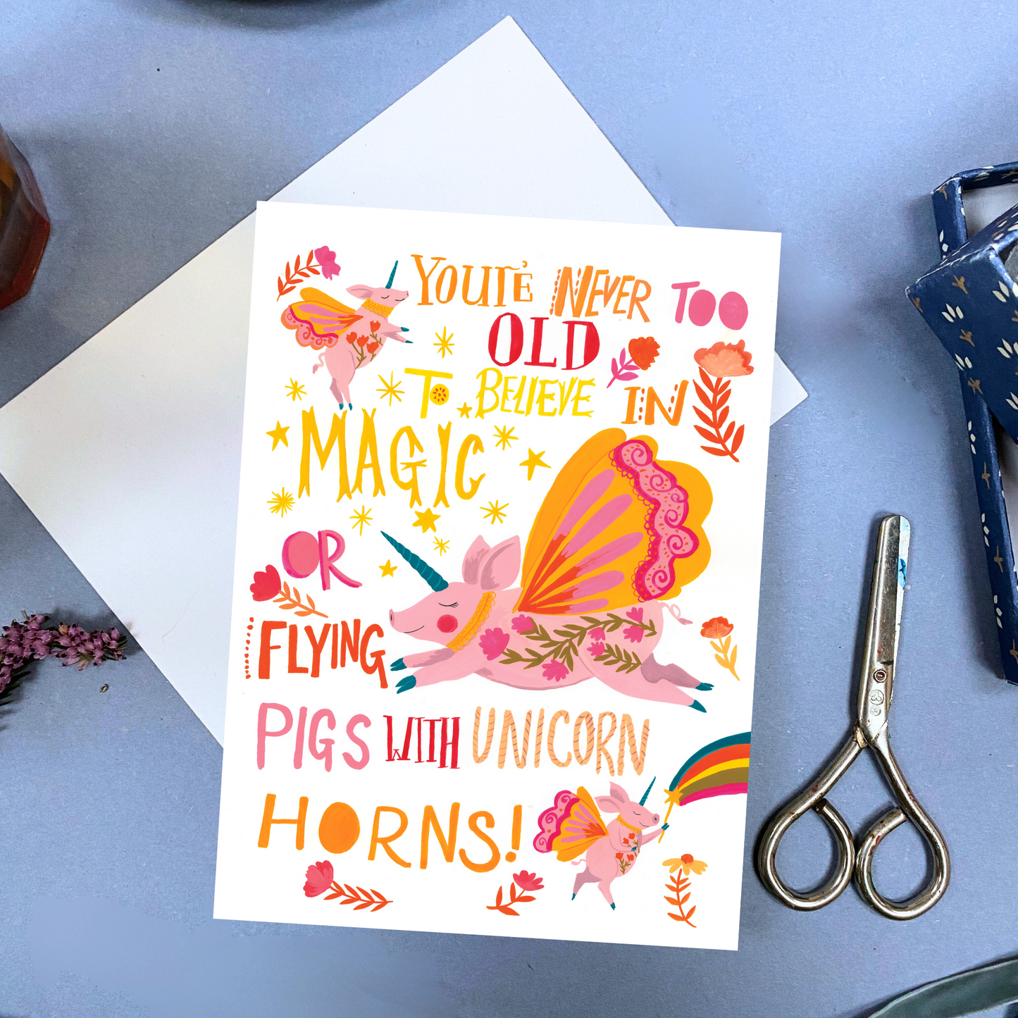 Magical flying Pigs Whimsical Greeting Card