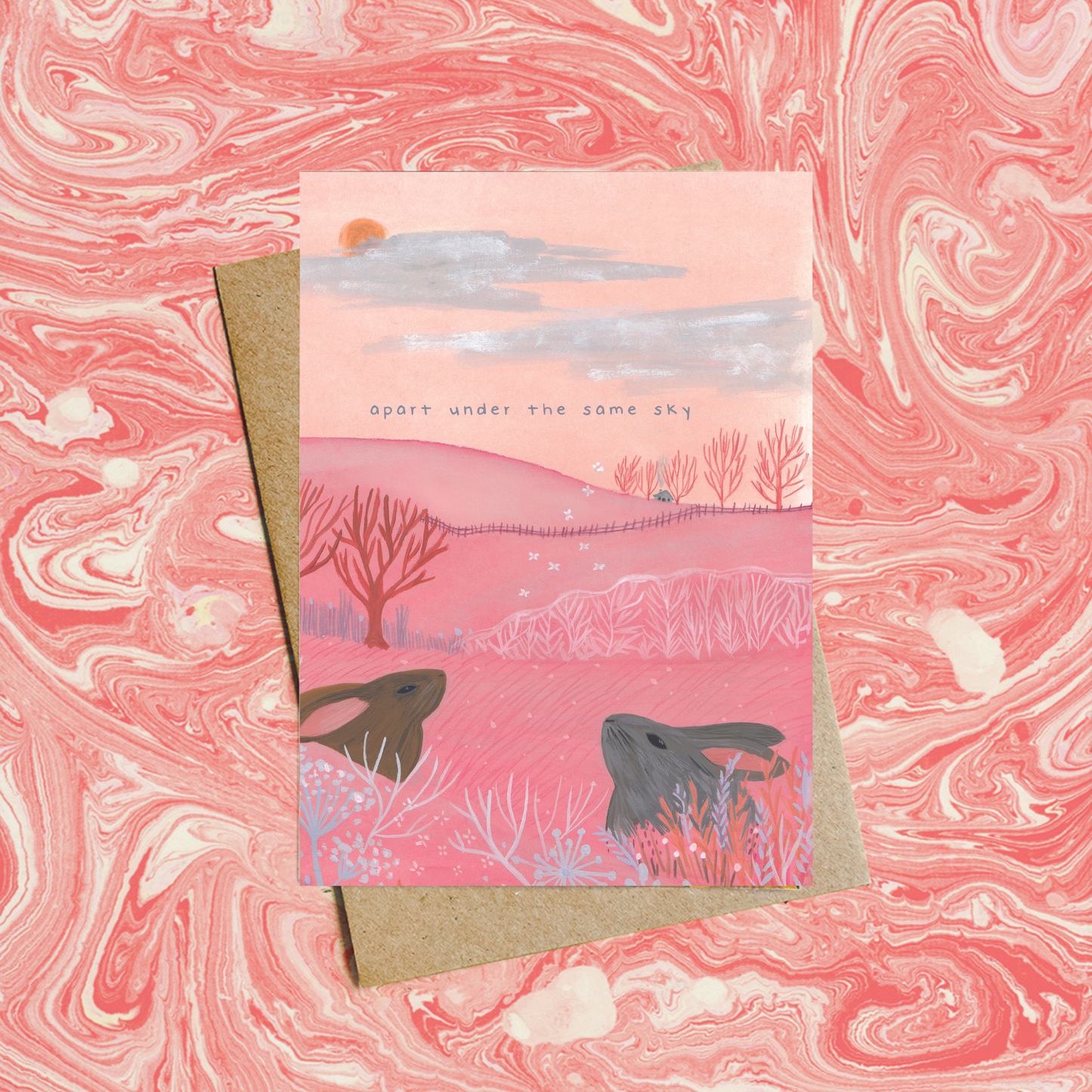 Apart Under the Same Sky - Long Distance Bunny Pink Greeting Card