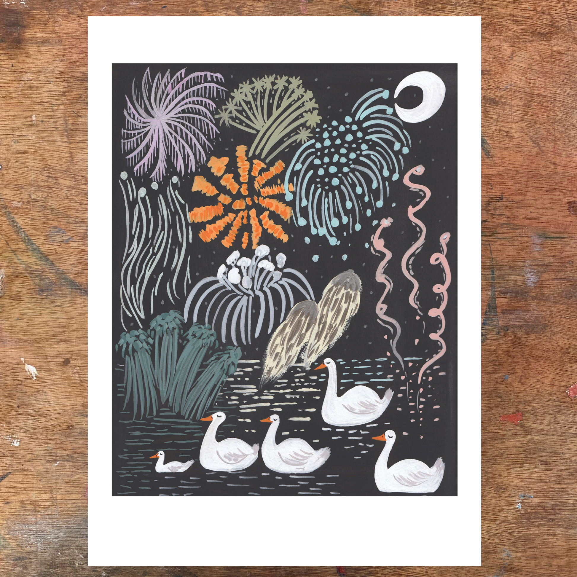 Illustration of geese and fireworks on a dark background, framed in white on a wooden surface.