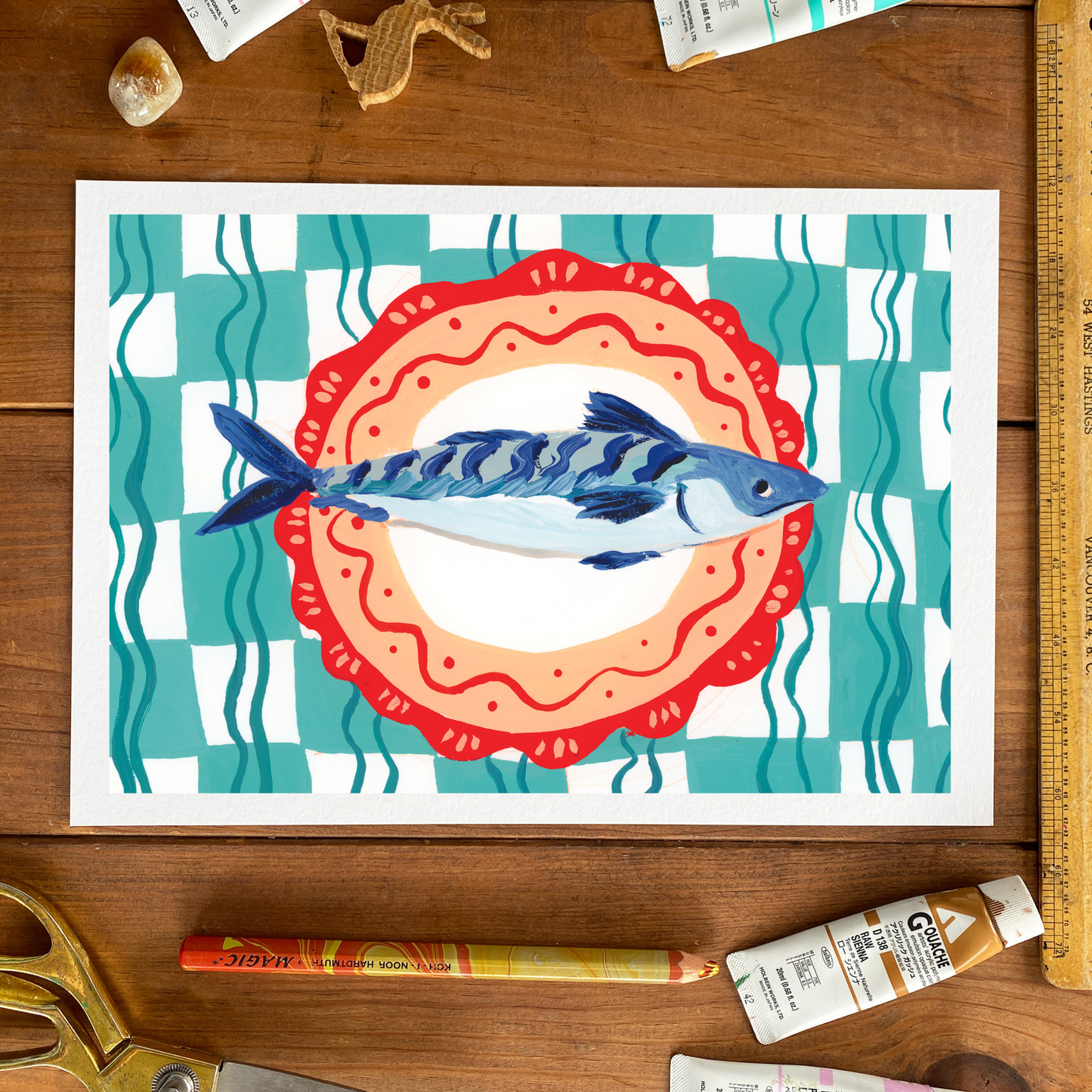 Cornish Mackerel on a Plate – A4 Art Print