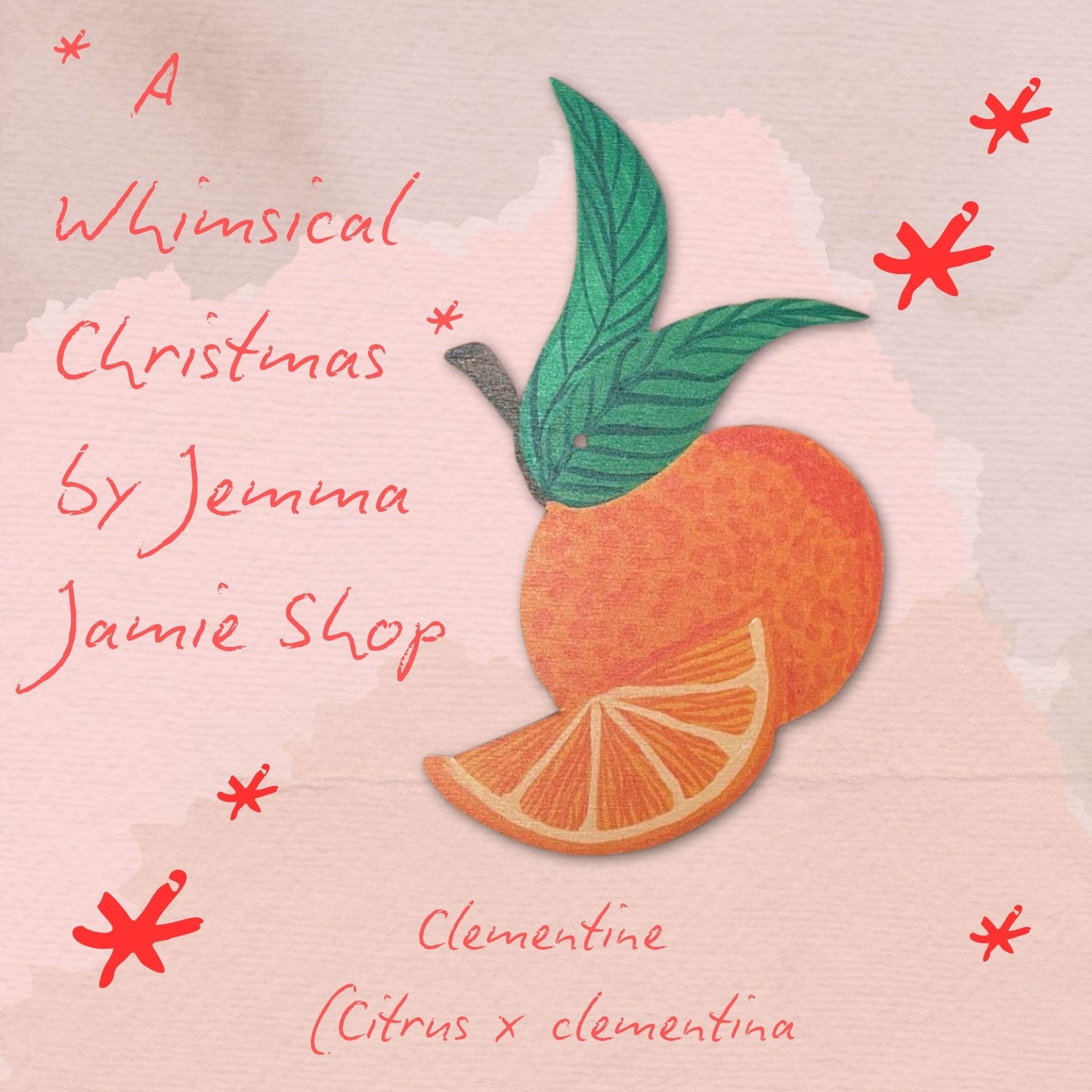 Illustration of a clementine with text about 'A Whimsical Christmas by Jemma Jamie Shop' on a pink background.