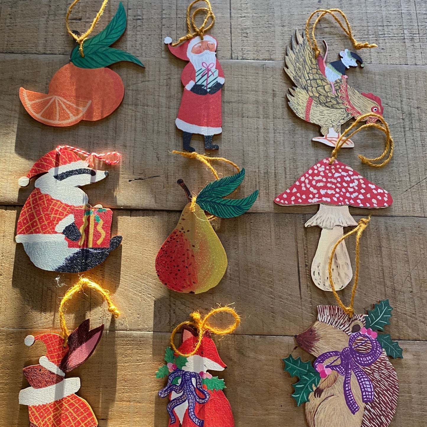 Woodland Creature Collection – Wooden Christmas Ornaments on Rustic Wood Background