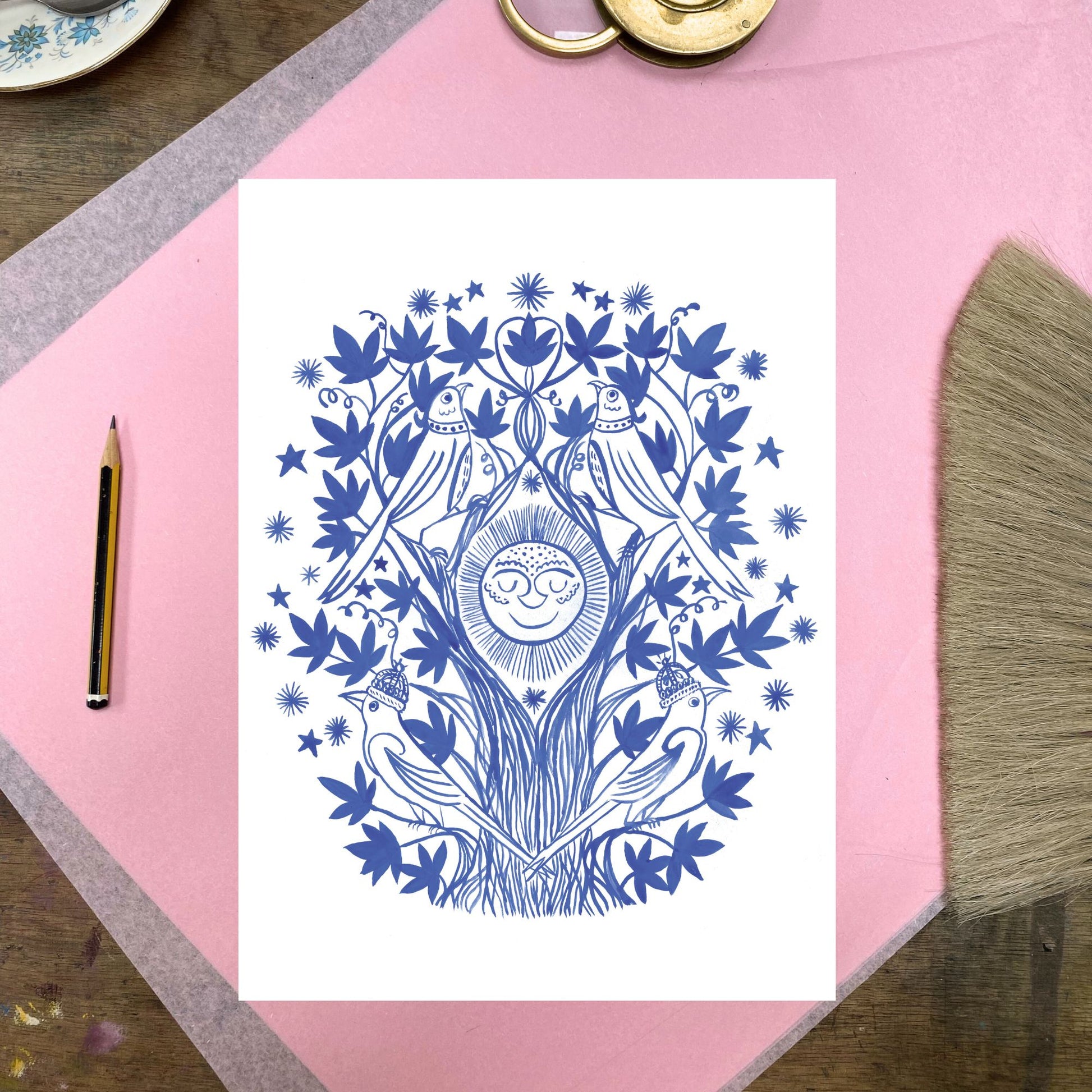Blue and white illustration on a pink surface with a pencil and scissors.