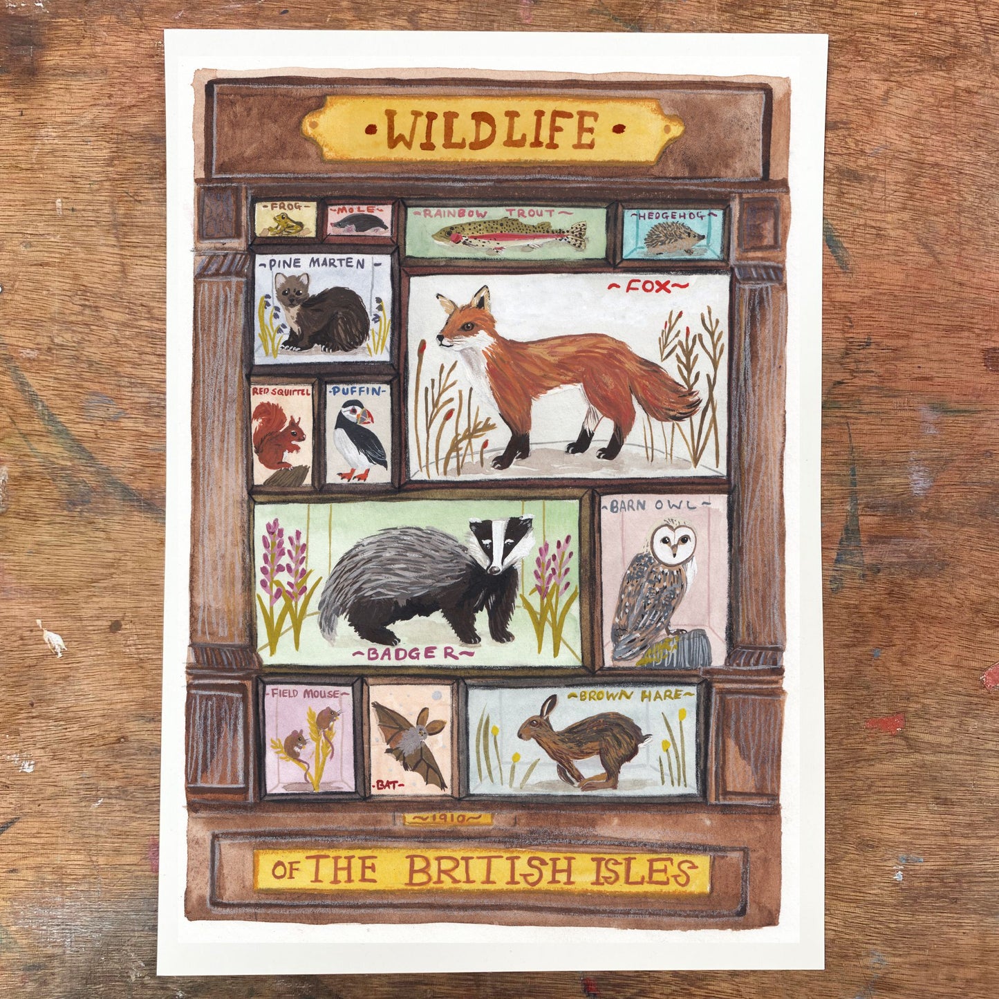 Illustration of wildlife of the British Isles on a wooden background