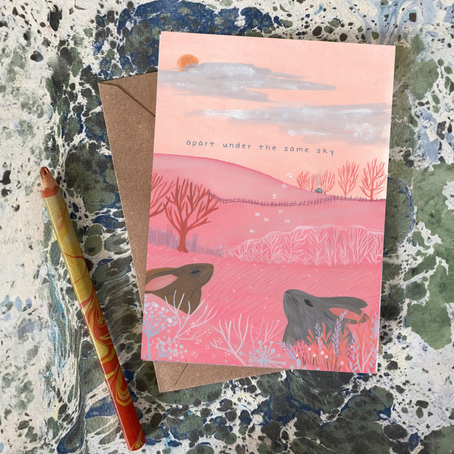 Rabbit long distace Pink greeting card Jemma Jamie Skidmore