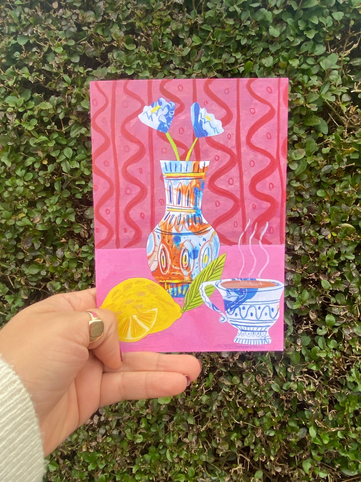 Lemons & Tea Collage Hand Marble Paper Greeting Card