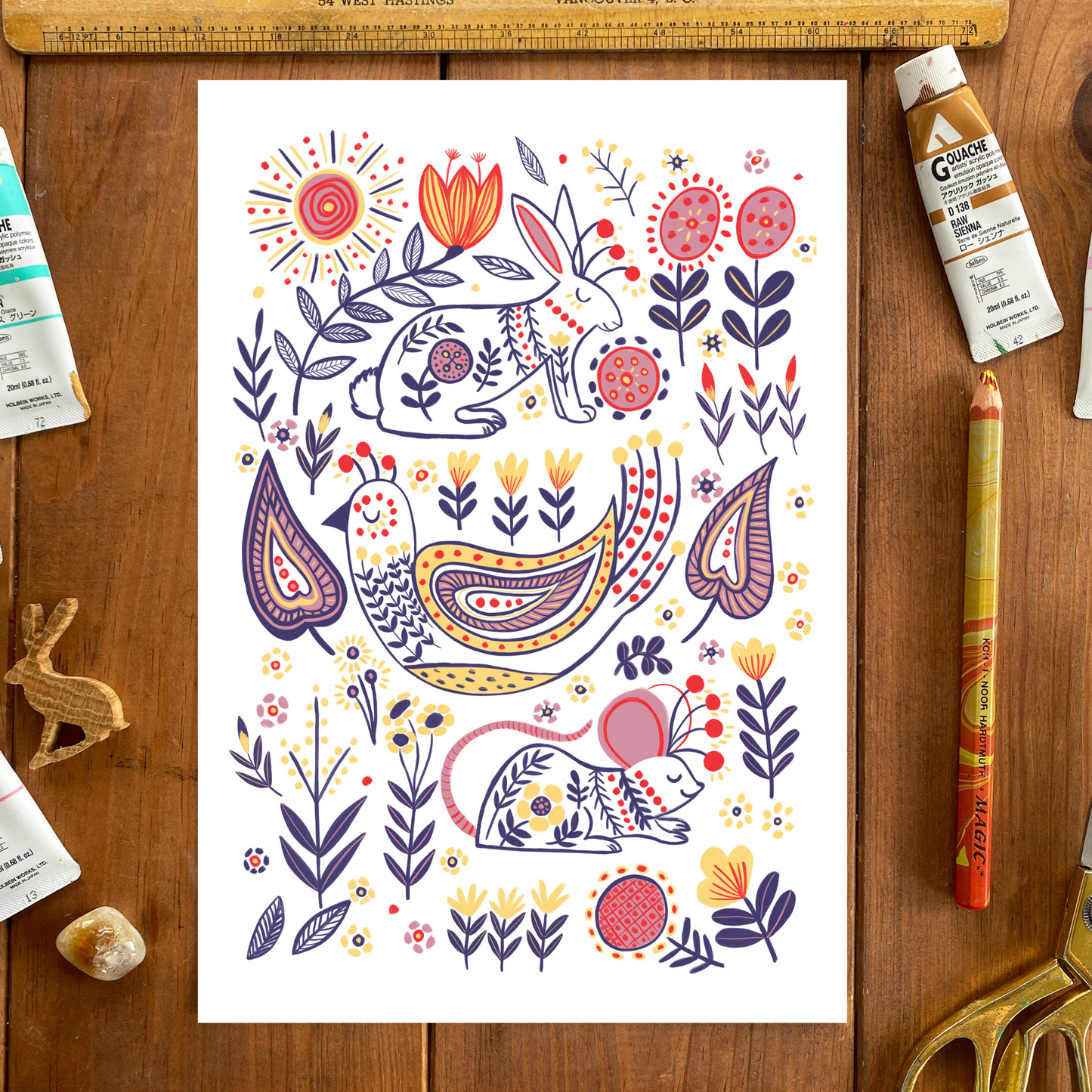 Swedish Folk Art Woodland Animal Print - A4 & A3