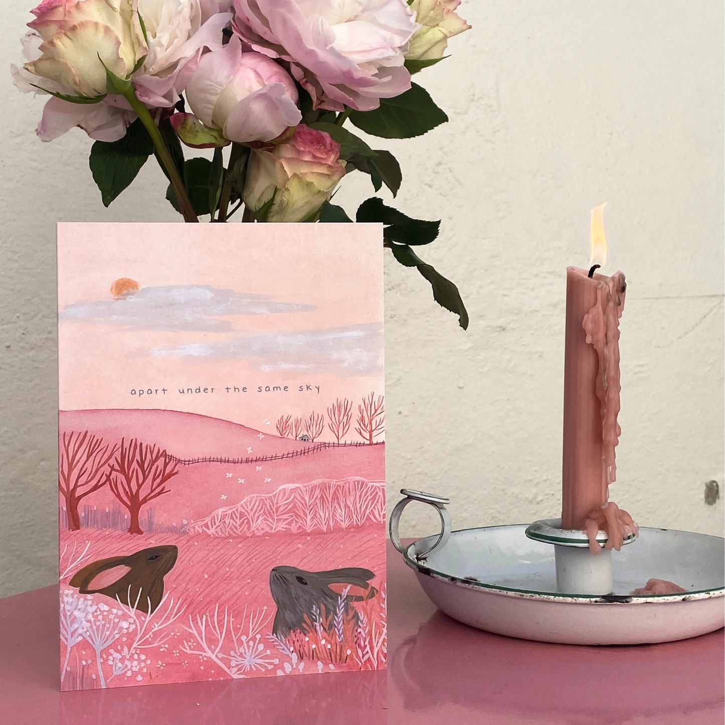 Rabbit long distace Pink greeting card Jemma Jamie Skidmore