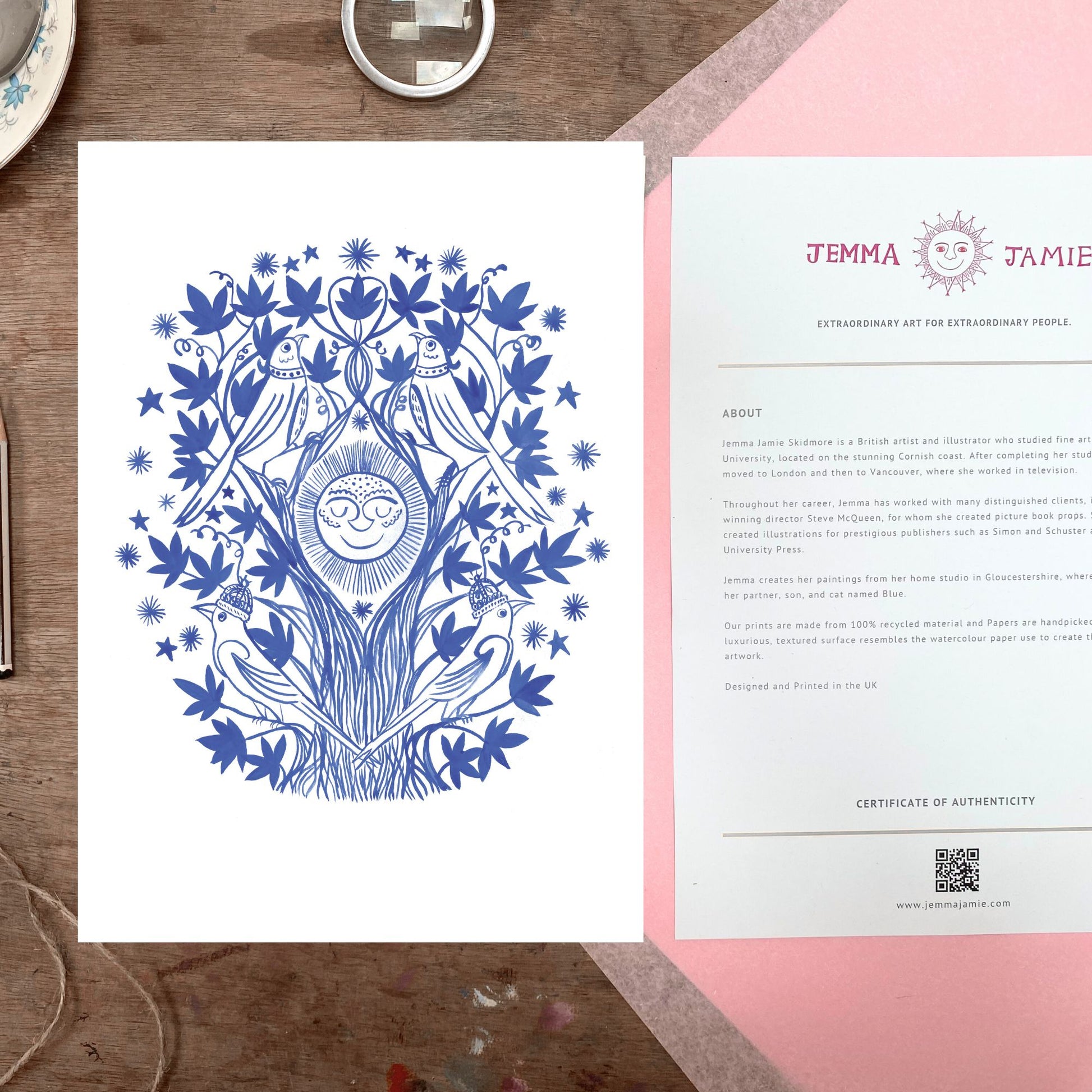 Blue decorative design on a white card with a pink envelope and Jemma Jamie branding.
