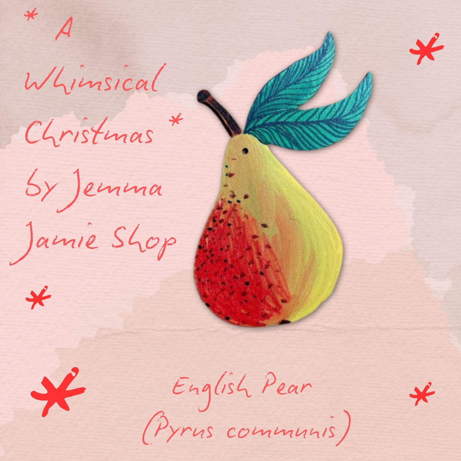 Illustration of a pear with text about 'A Whimsical Christmas' by Jemma Jamie Shop on a light pink background.