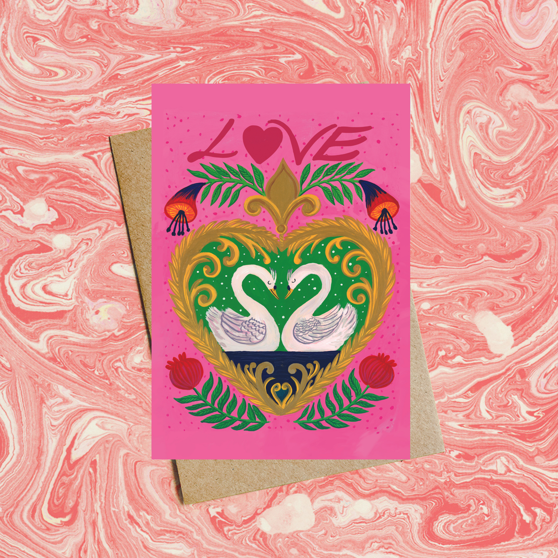 Greeting card with swans and 'LOVE' text on a pink and white marbled background