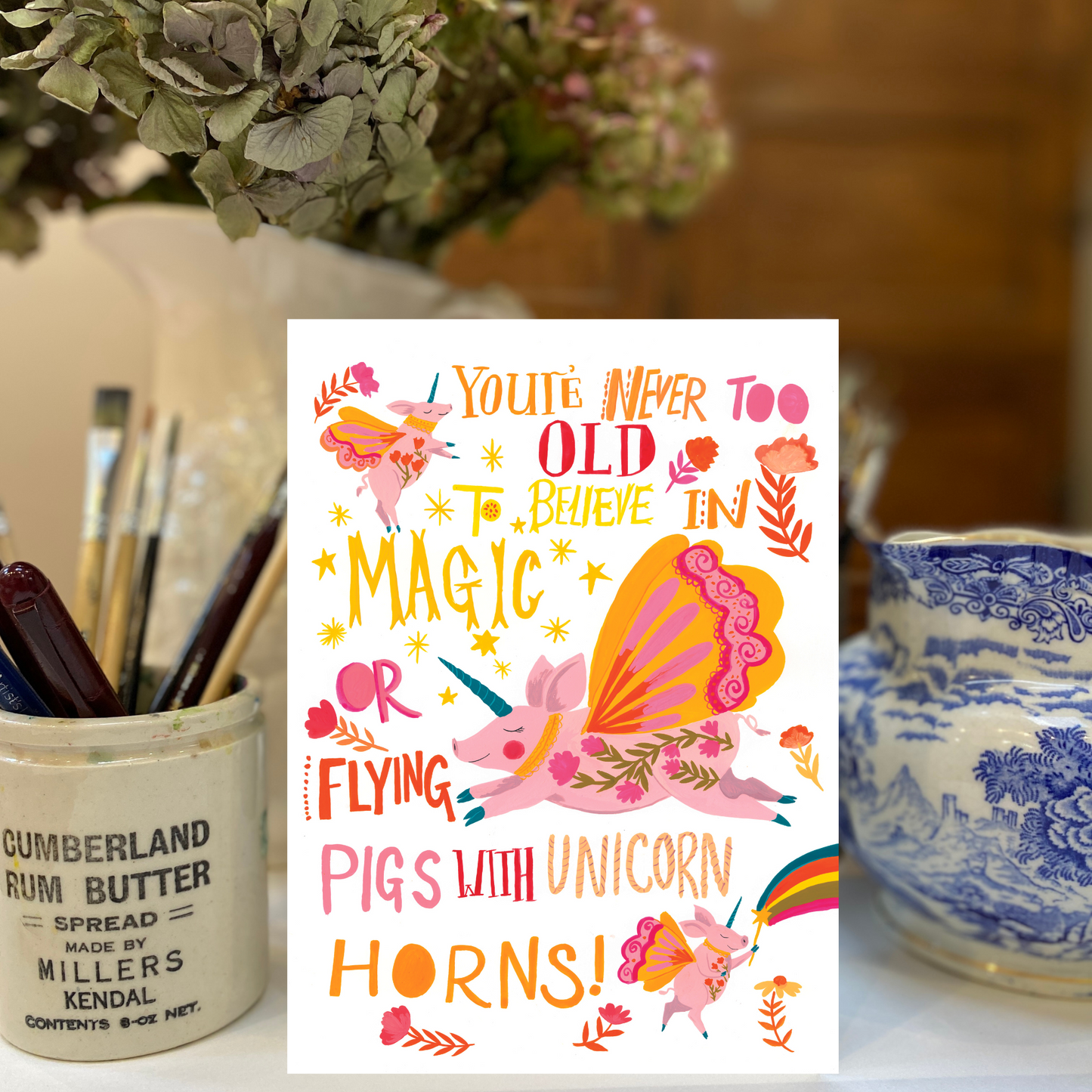 Magical flying Pigs Whimsical Greeting Card