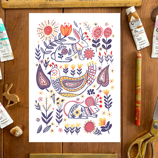 Swedish Folk Art Woodland Animal Print - A4 & A3