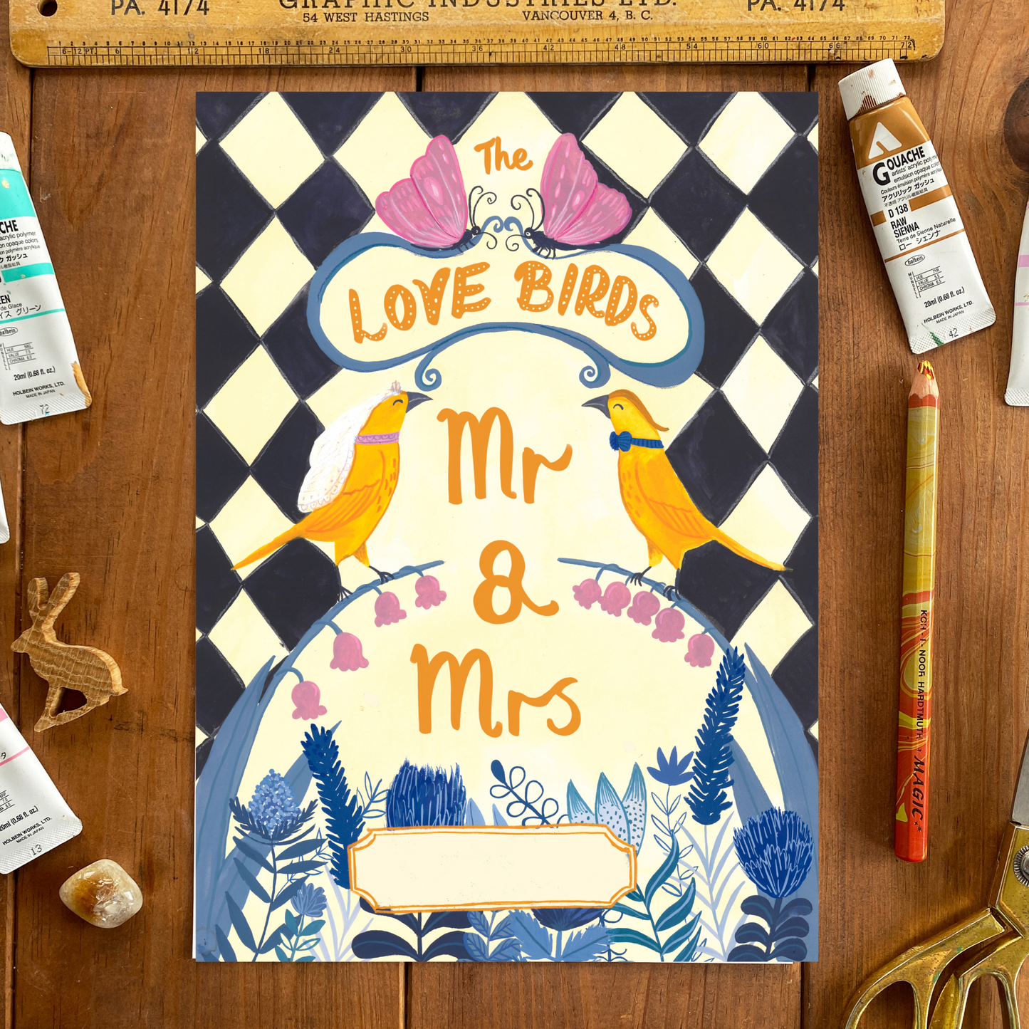 Mr & Mrs Love Birds Wedding Greeting Card