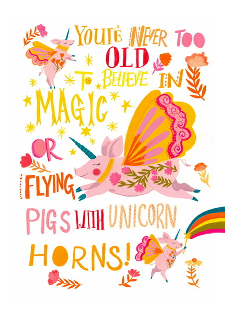 Artisan Magical flying pigs whimsical Greeting card