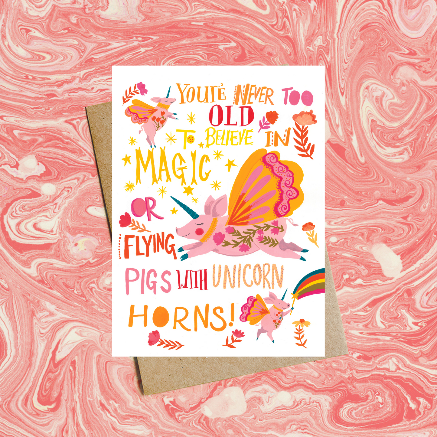 Magical flying Pigs Whimsical Greeting Card