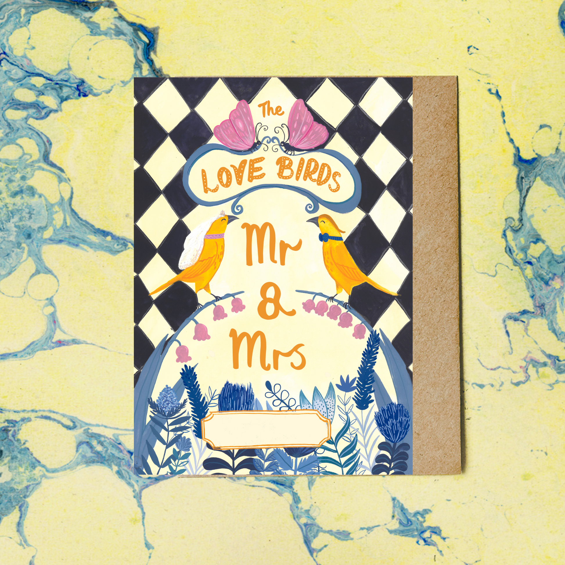 Card with 'Mr & Mrs' text and love birds design on a checkered background