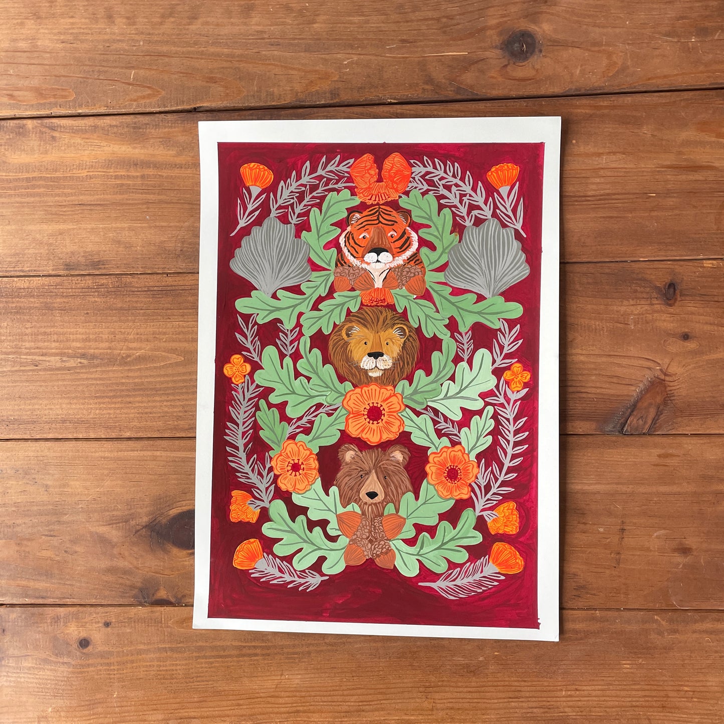 Original Handpainted Artwork featuring a Bear, Lion and Tiger. A perfect accompliment Pattern for your child's nursery.