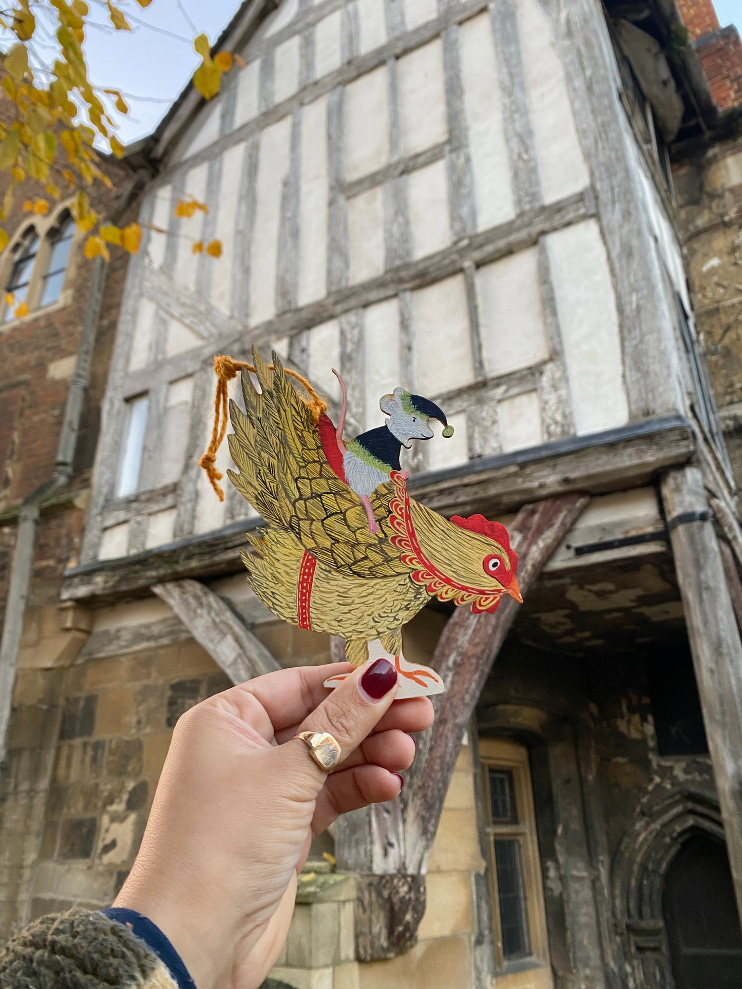 Artisan Christmas Hen and Mouse Laser-Cut Hanging Tree Ornament