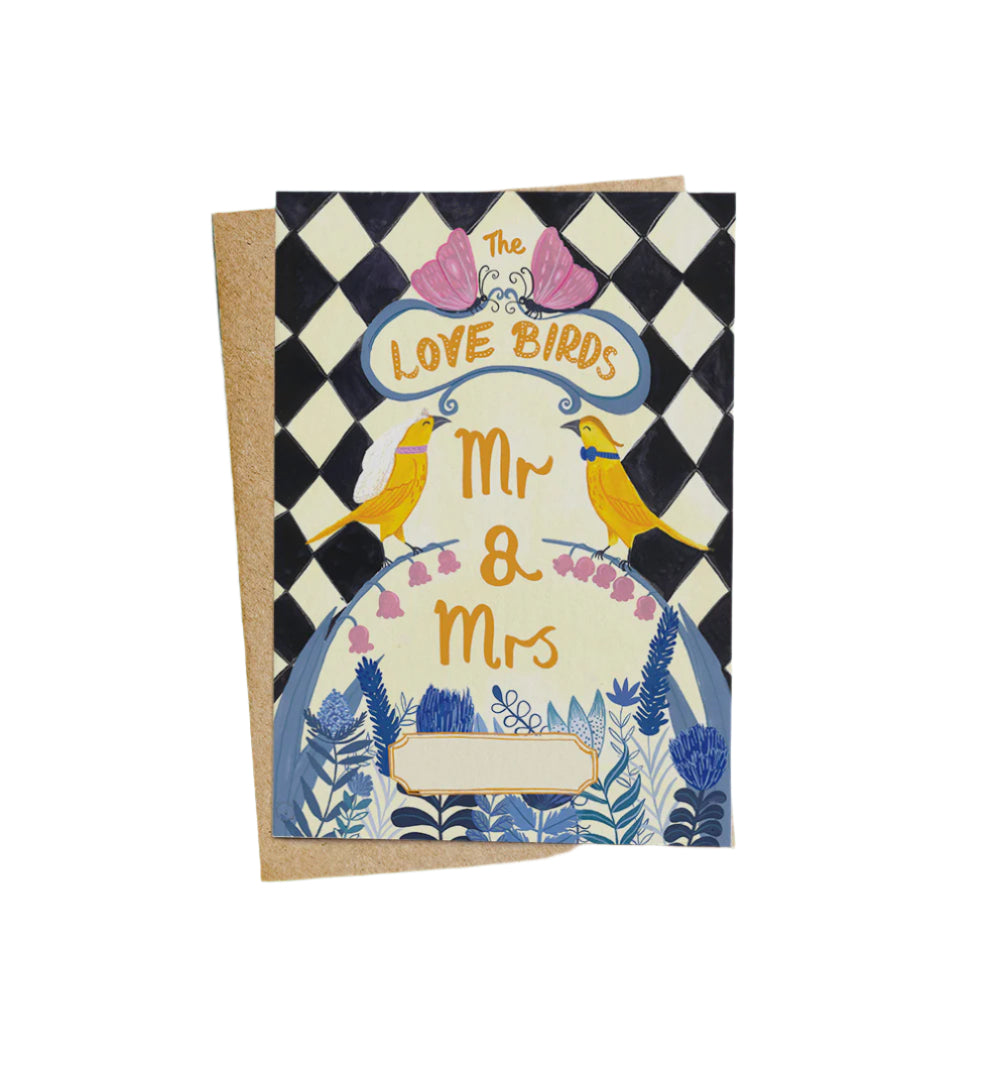 Greeting card with 'Mr & Mrs' text and checkered design on a textured blue background
